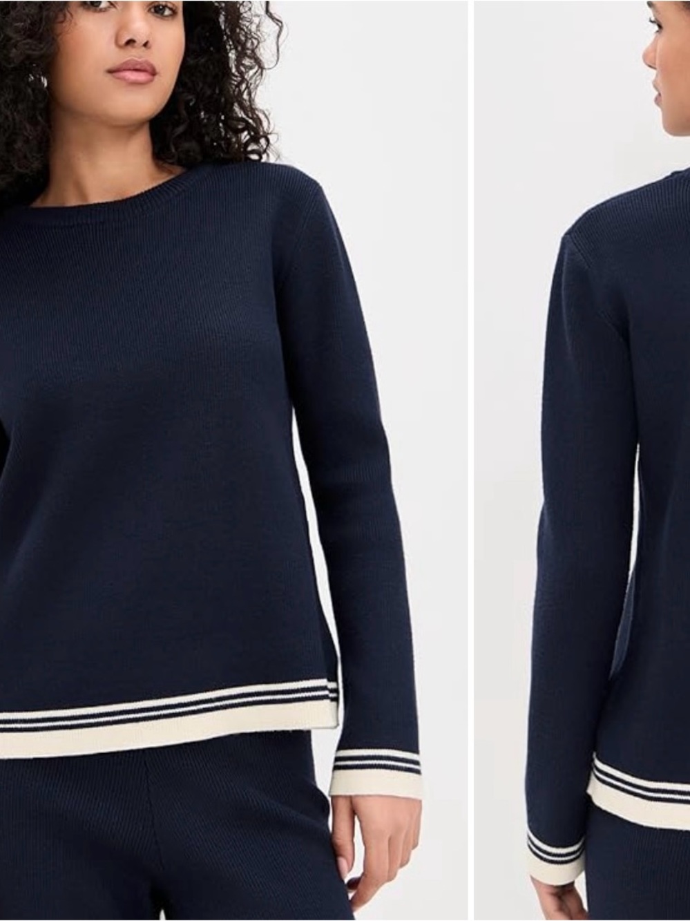 English Factory Navy Crewneck Sweater with Cream Stripe Trim